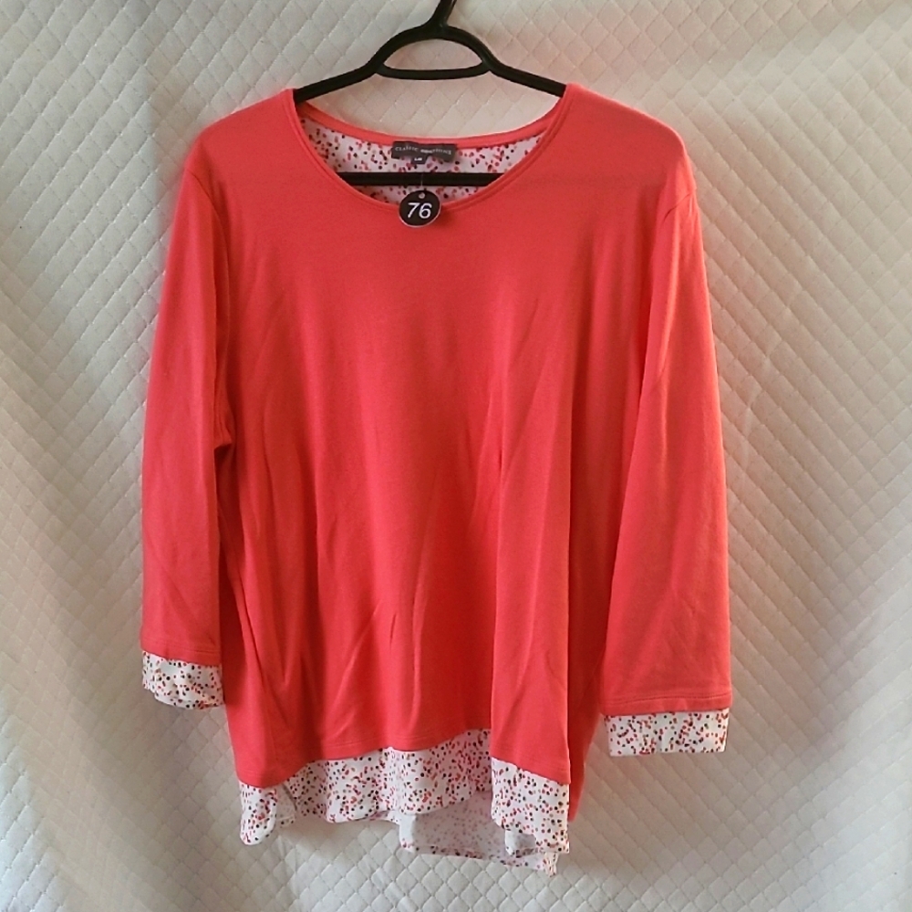 #76 Classic Editions Women's Coral 3/4 Sleeve Top Sz L